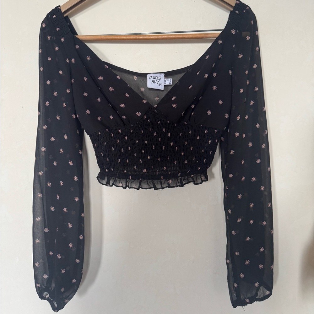 Princess Polly Black Sheer Ruched Floral Blouse